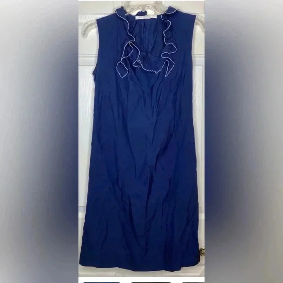 Vintage SHANNON MCLEAN navy Blue White V-Neck Ruffle Sleeveless Dress Small? - Picture 1 of 5